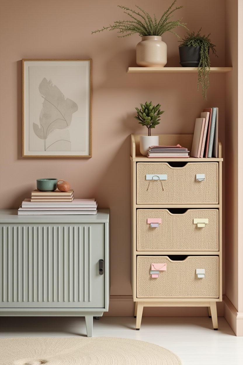 collected office storage ideas — row of rattan cubbies with pastel labels featuring rattan cubby filing system