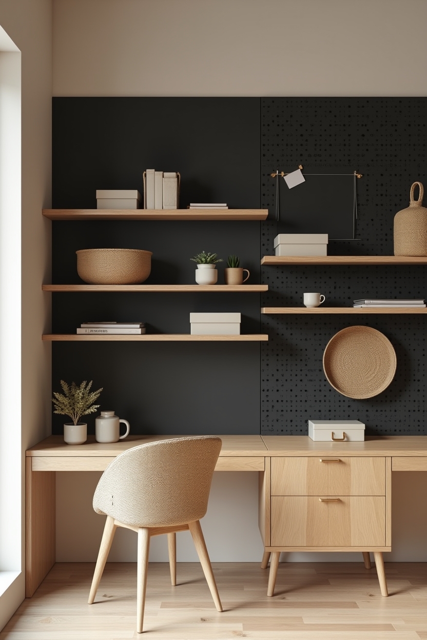 collected office storage ideas — staggered floating shelf with visible mid-century archive boxes featuring staggered floating shelving display