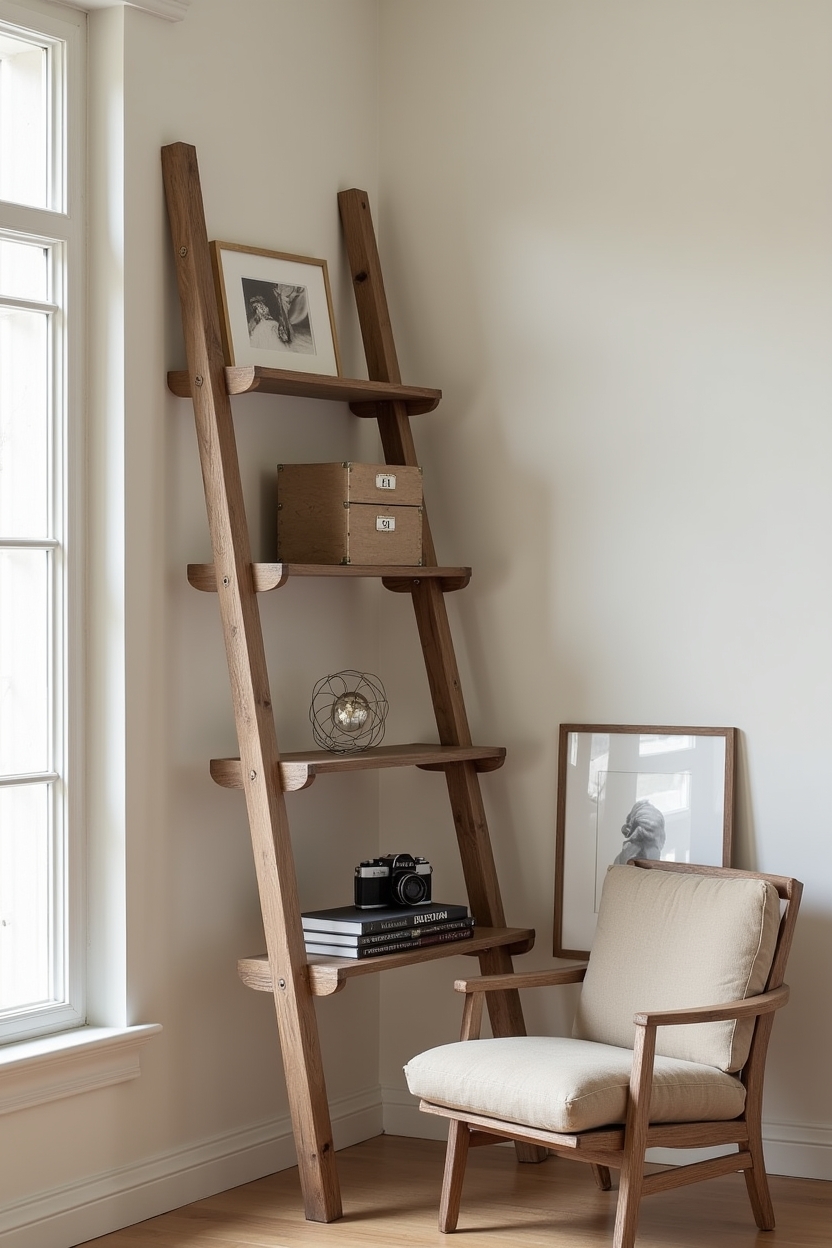 collected office storage ideas — leaning reclaimed wood ladder shelf featuring reclaimed ladder shelf styling