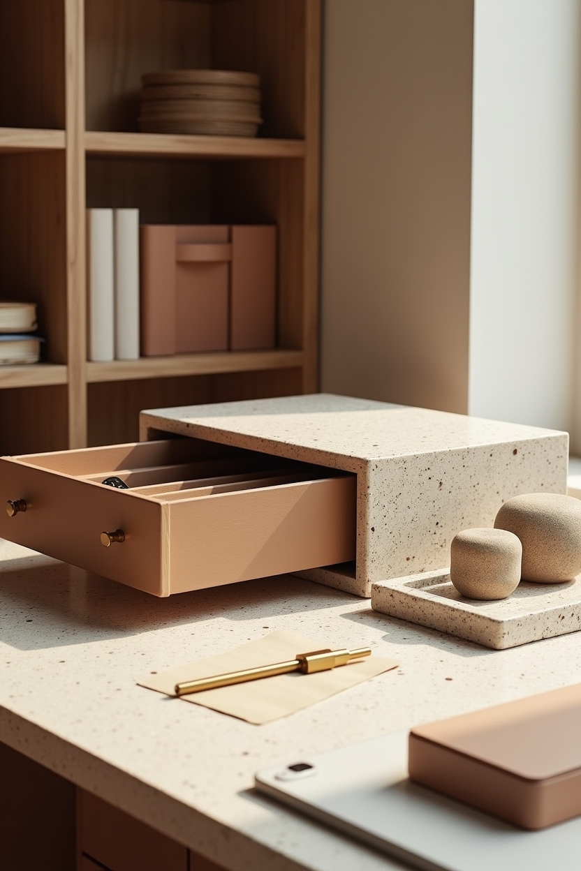 collected office storage ideas — small vintage card catalog (visible labeled drawers) featuring terrazzo and vintage material accents