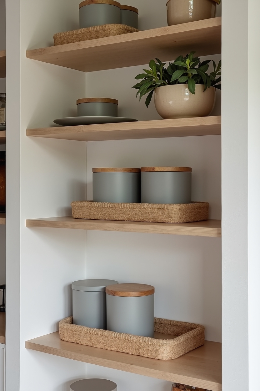 open ash-wood floating shelves home decor