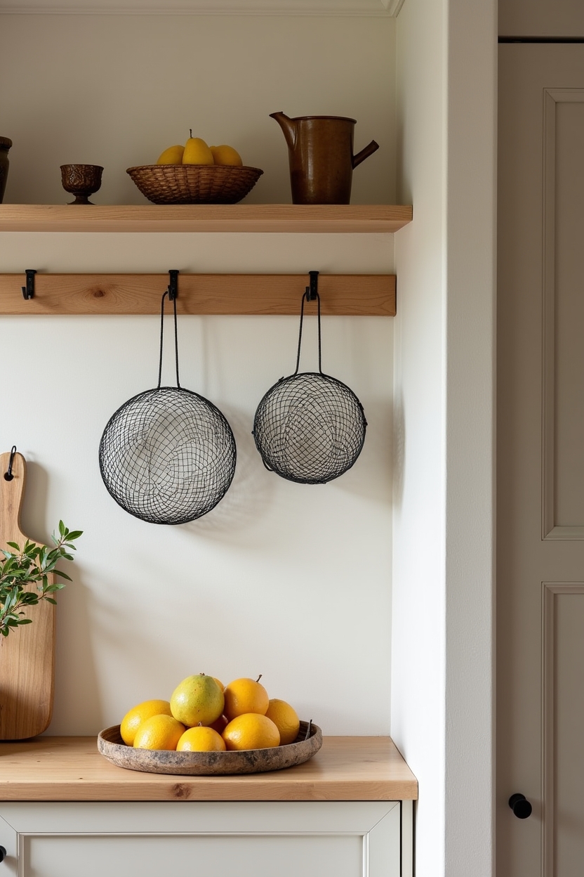 curved timber peg rail with suspended wire baskets home decor