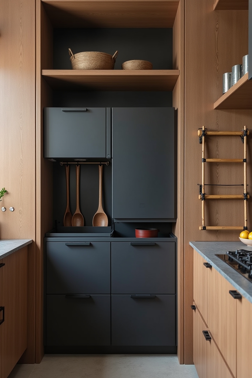 recessed matte-black pull-out grain bins home decor