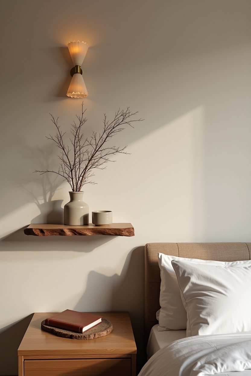 minimal ikebana driftwood floating shelf vignette home decor