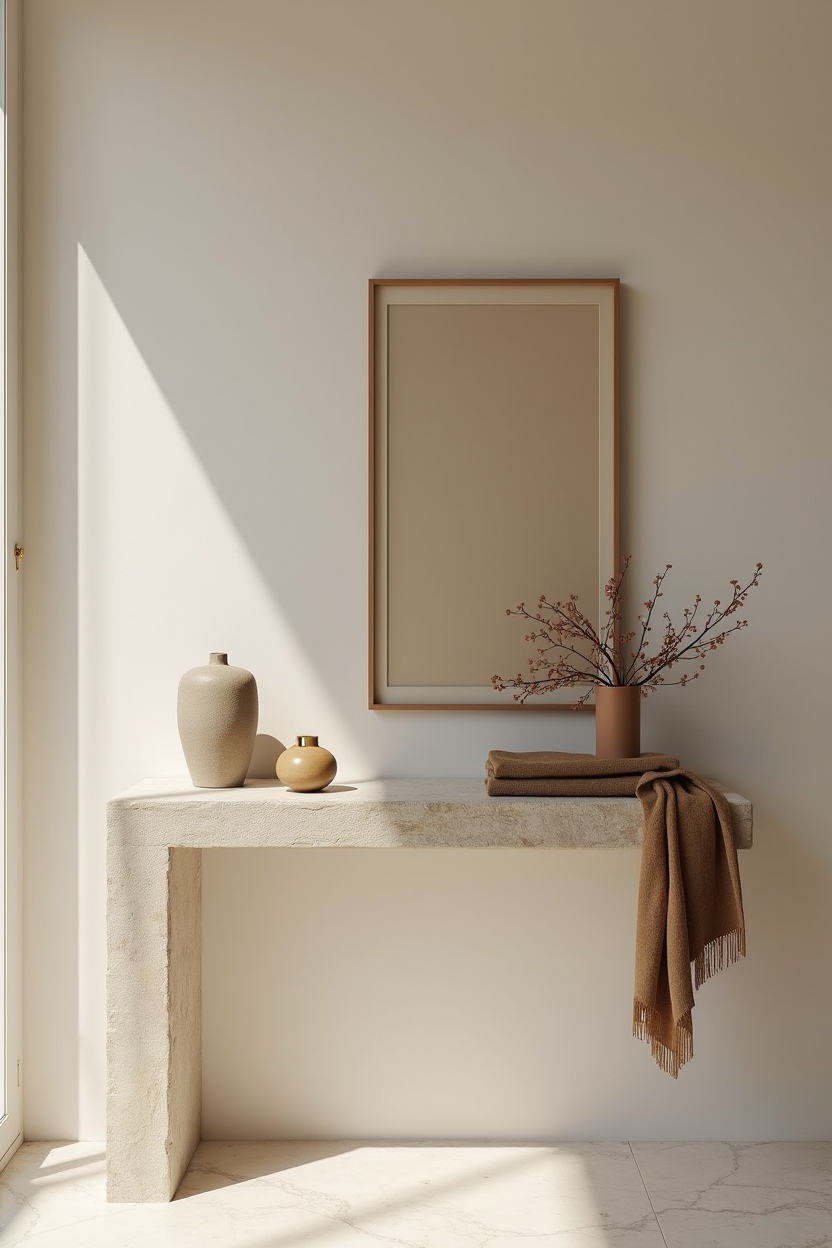 olive green small entryway ideas — floating ledge featuring six to eight inch floating ledge styled vignette