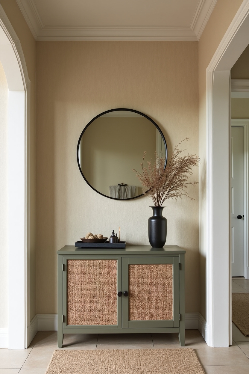 olive green small entryway ideas — slim painted console table featuring textured olive wallpaper accent wall