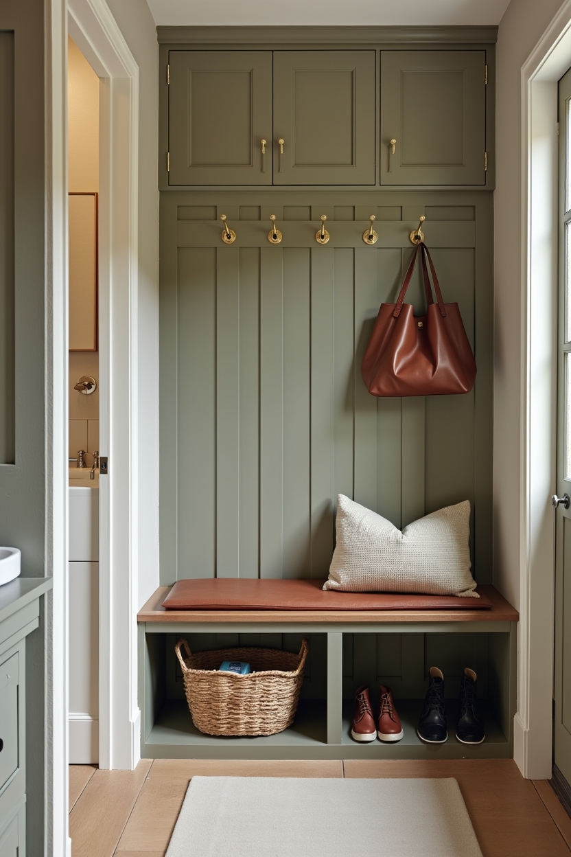 olive green small entryway ideas — shaker-style olive bench featuring olive-painted compact bench with brass peg rail