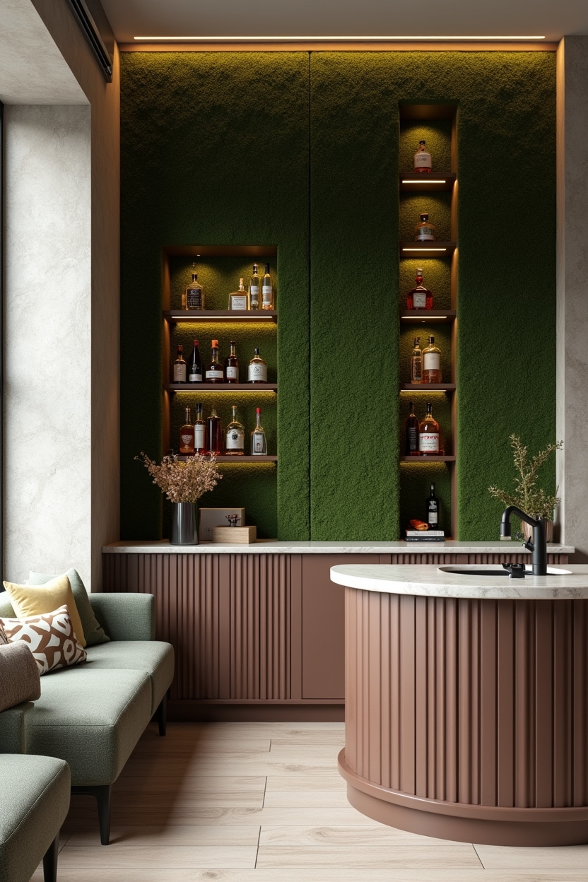 vertical preserved-moss panel with inset glass-front liquor niches home decor