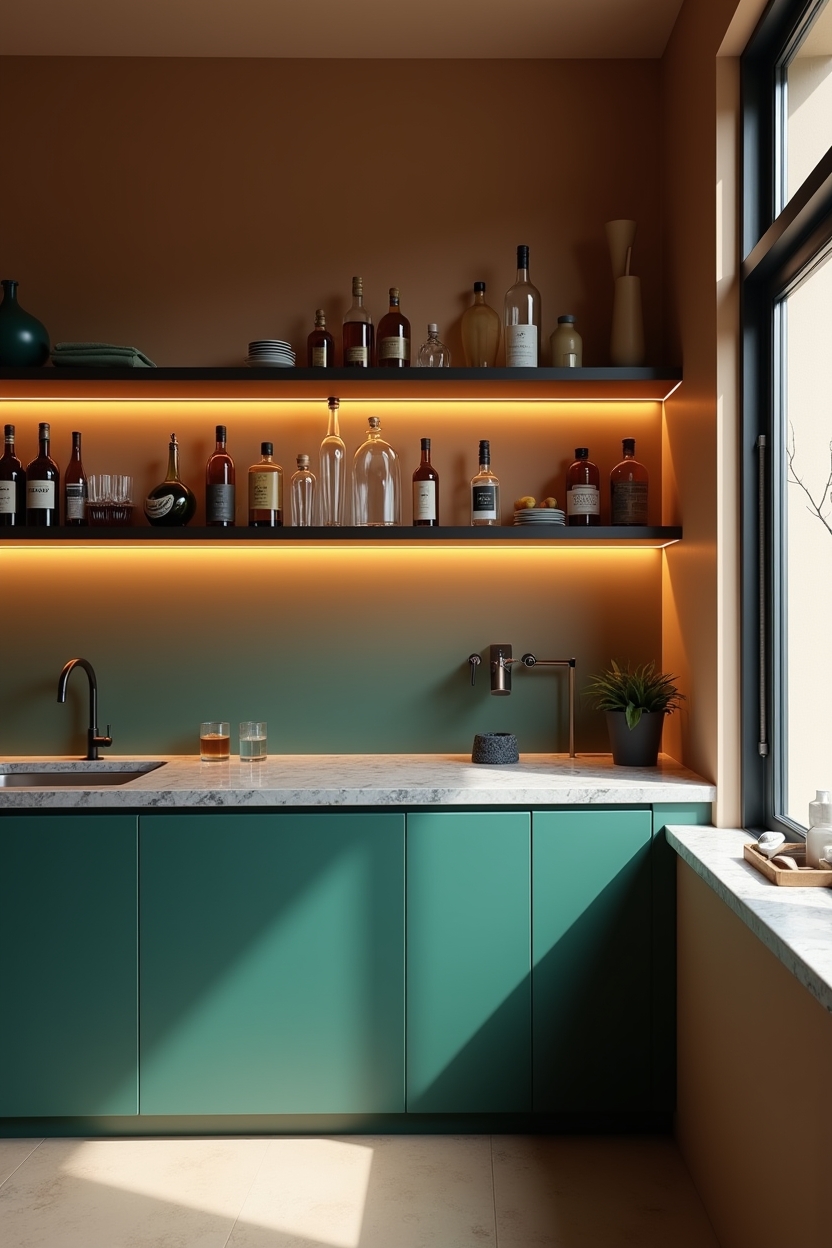 back-painted gradient glass backsplash (emerald-to-amber) home decor