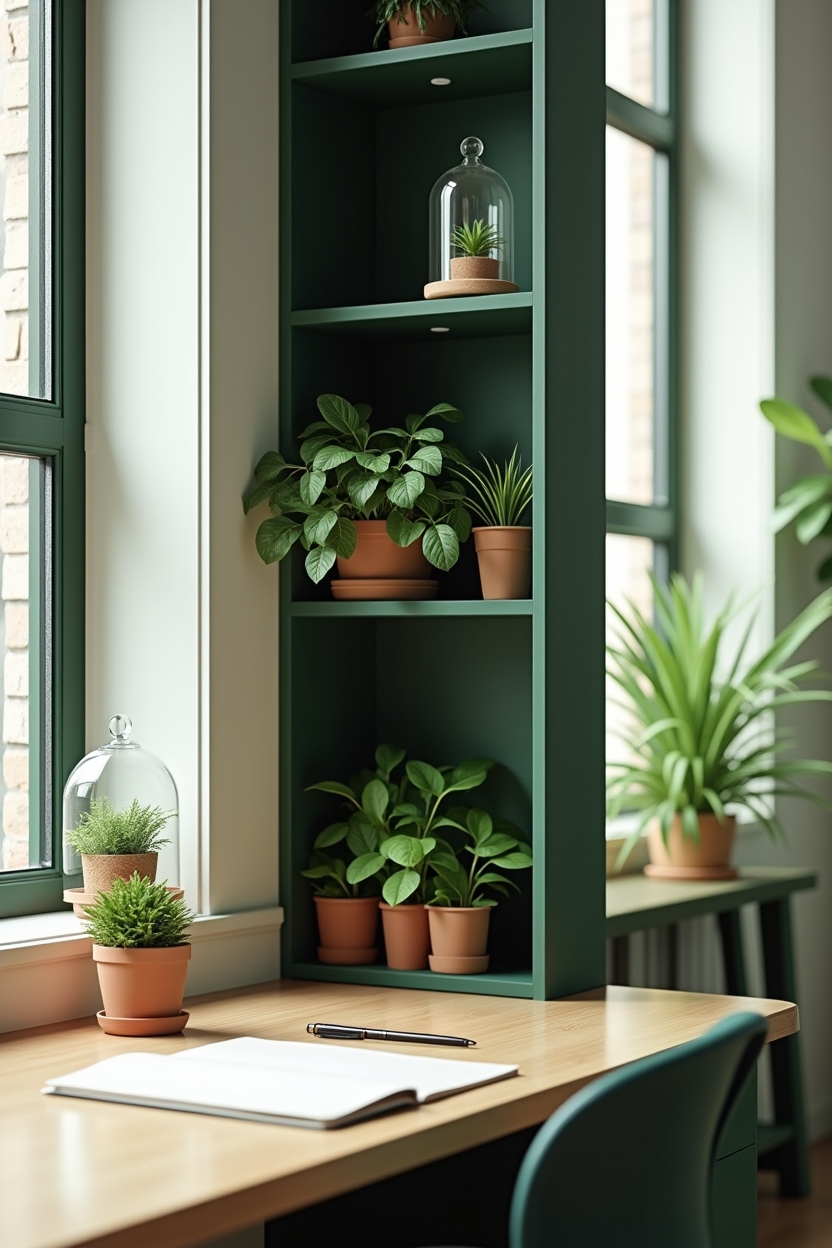 deep green guest room office ideas — narrow painted deep green shelving unit featuring mini_greenhouse_shelf
