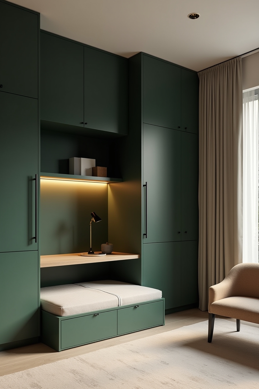 deep green guest room office ideas — floor-to-ceiling deep green cabinetry with recessed murphy bed featuring built_in_cabinetry