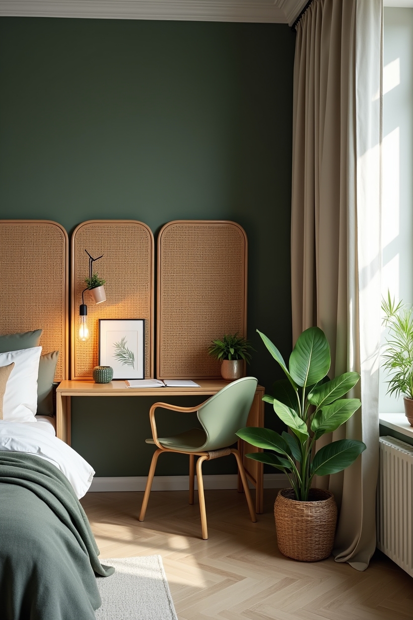 deep green guest room office ideas — woven rattan screen painted deep green featuring rattan_divider