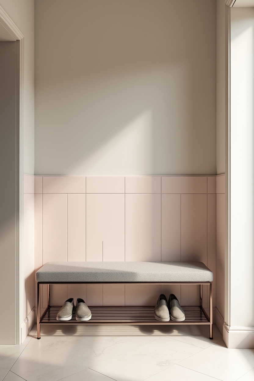 mixed metal entryway bench ideas — slim chrome bench with wireframe shelf featuring reflective chrome and pastel tile backdrop