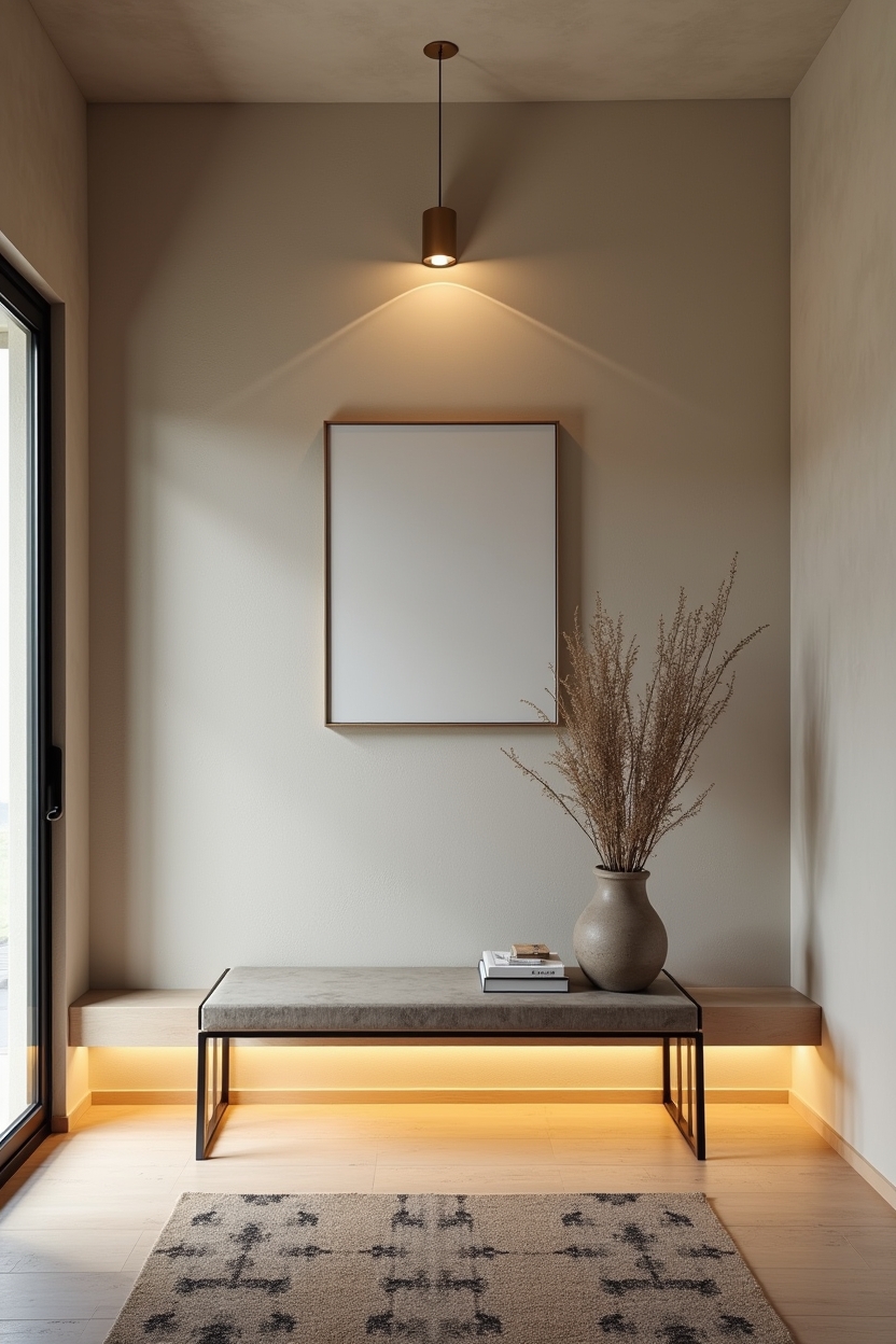 mixed metal entryway bench ideas — two-tone brushed nickel and blackened steel bench with LED under-skirt featuring LED skirt lighting under two-tone metal bench