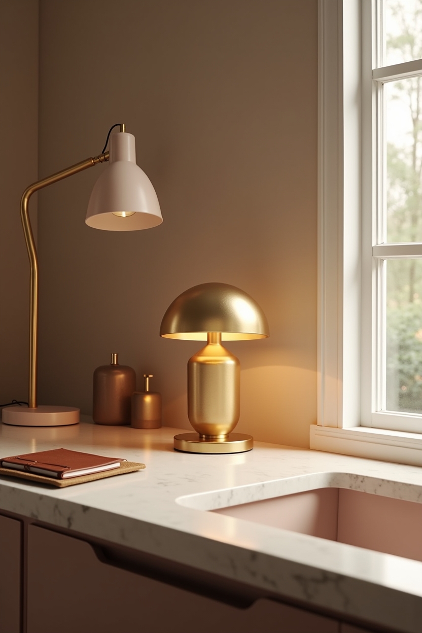 Spring 2026 trends: what's taking over budget office lighting — brass banker lamp on desk featuring thrifted brass banker lamp with warm LED retrofit
