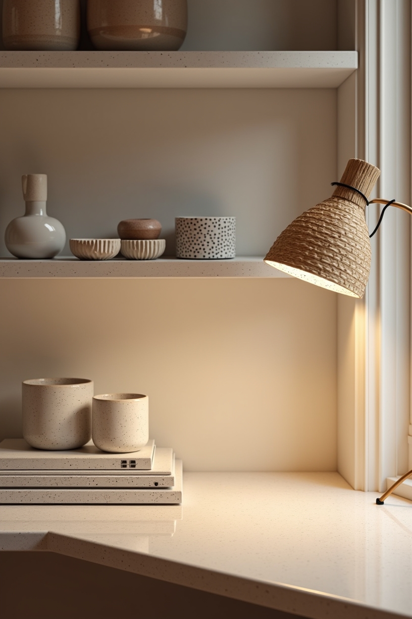 Spring 2026 trends: what's taking over budget office lighting — terrazzo-pattern clamp lamp featuring terrazzo clip lamp clamped to open shelving