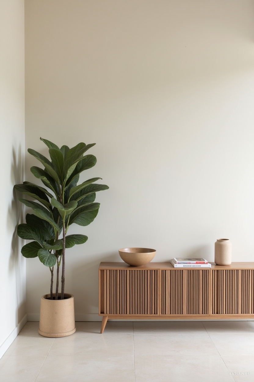 limewash small entryway ideas — slatted wood console featuring full-room limewash treatment with slatted wood console and large plant