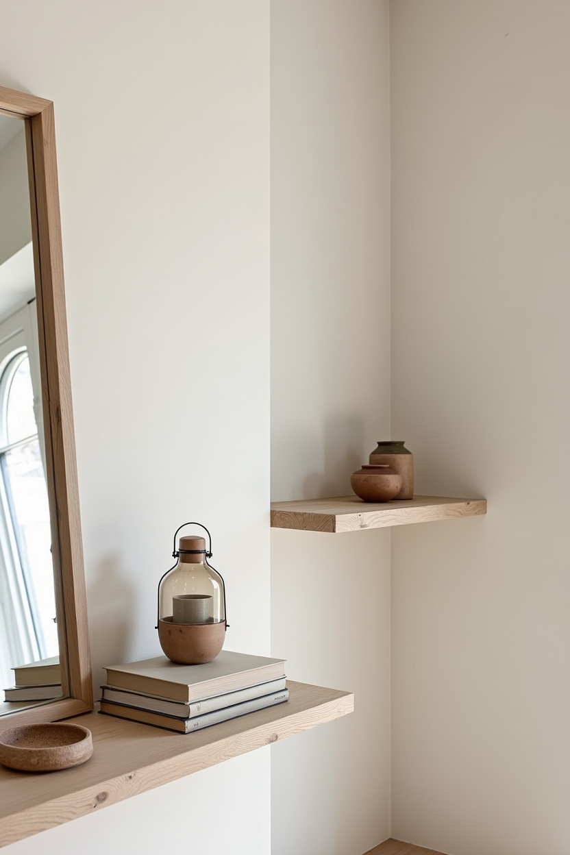 limewash small entryway ideas — framed mirror with limewashed frame featuring curated tabletop vignette and floating shelf styling