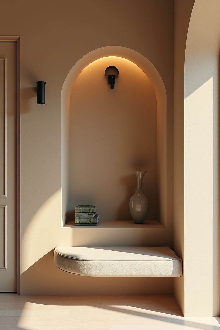 limewash small entryway ideas — scalloped shelf featuring recessed niche with scalloped shelf and directional sconce