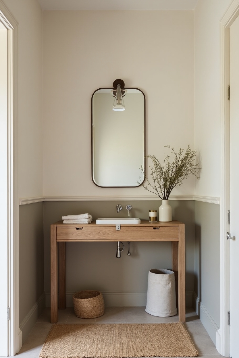 limewash small entryway ideas — slim console mirror featuring hand-brushed limewash ombré / two-tone half-wall