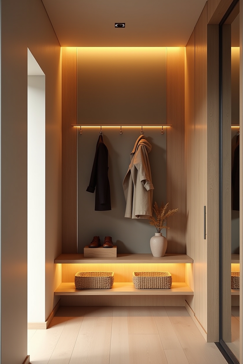 luxury entryway coat wall ideas — backlit smoked glass panel with magnetic hooks featuring lighting_trend