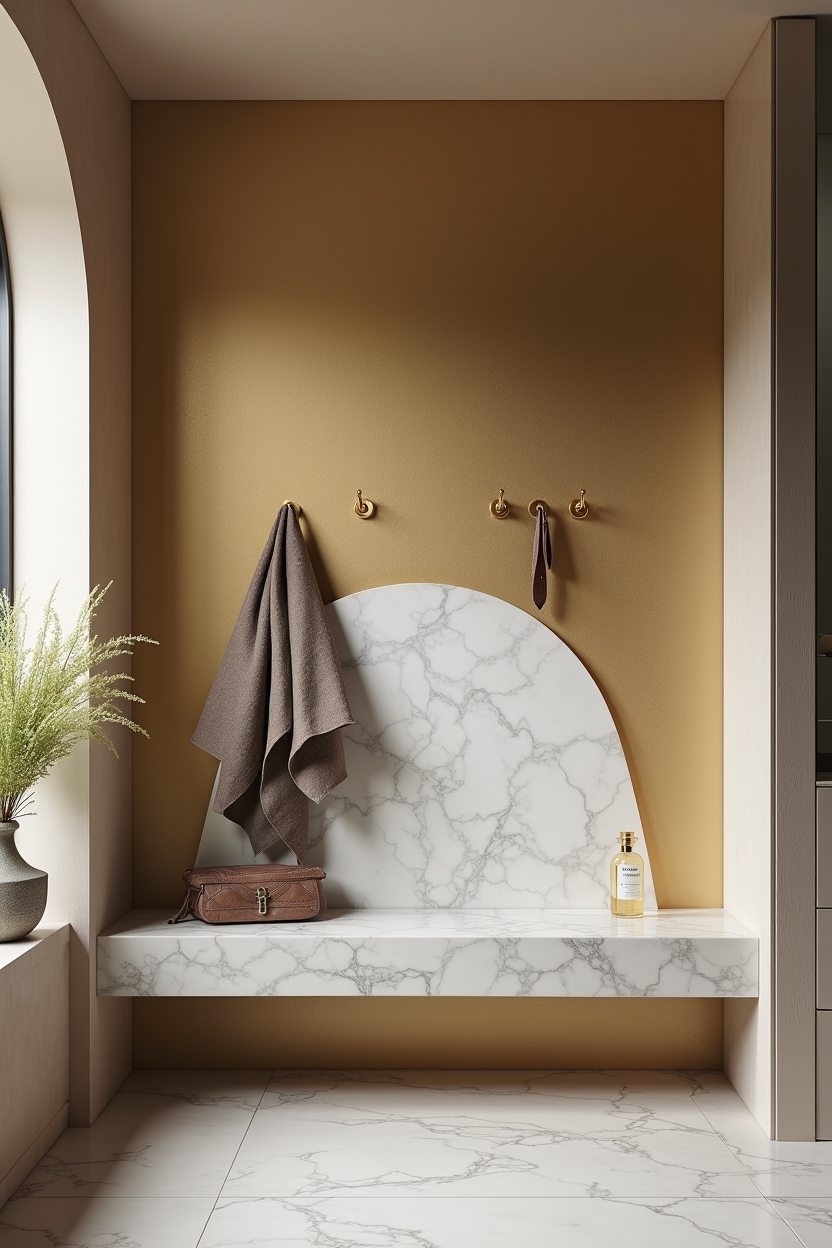 luxury entryway coat wall ideas — arched honed-marble bench featuring material_accent