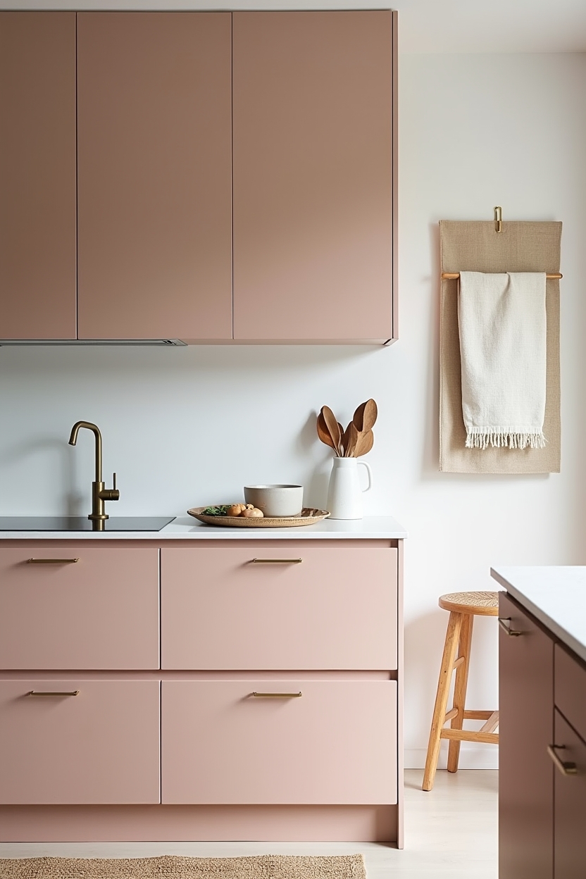 matte shell-pink lower cabinet run home decor