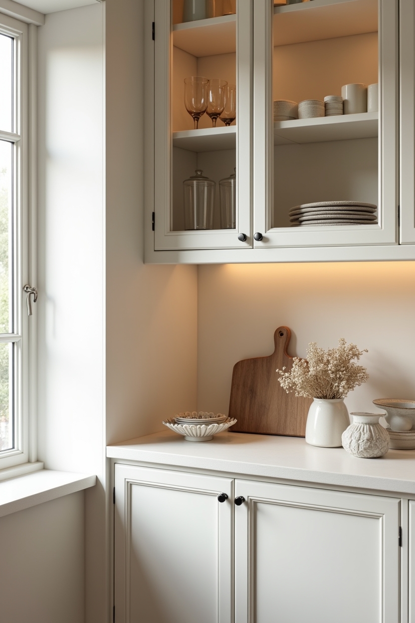 glass-fronted linen-hued display cabinetry home decor