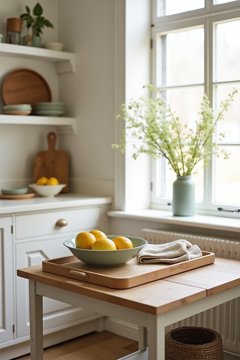 limewash luxury pantry ideas — pale limewash painted rolling pantry cart featuring rolling pantry cart styling
