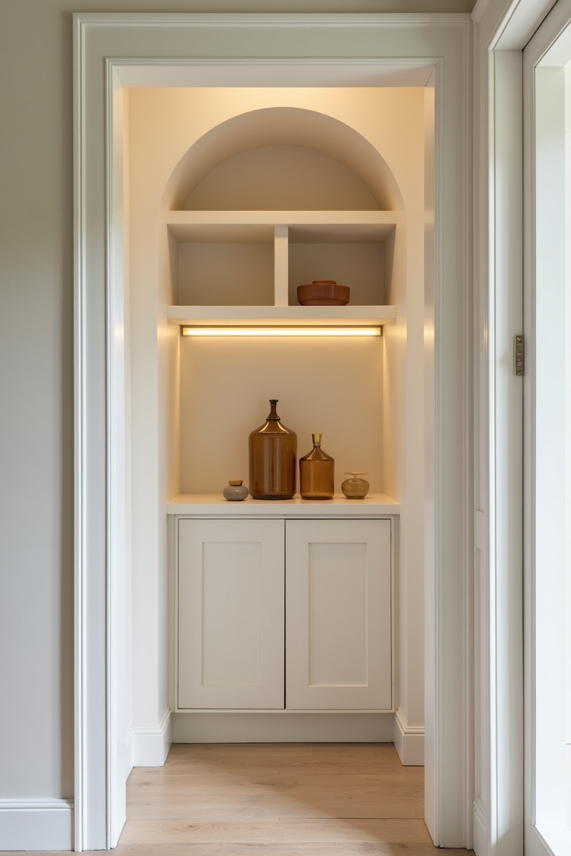 limewash luxury pantry ideas — arched niche with thin brass shelf featuring arched shelving display
