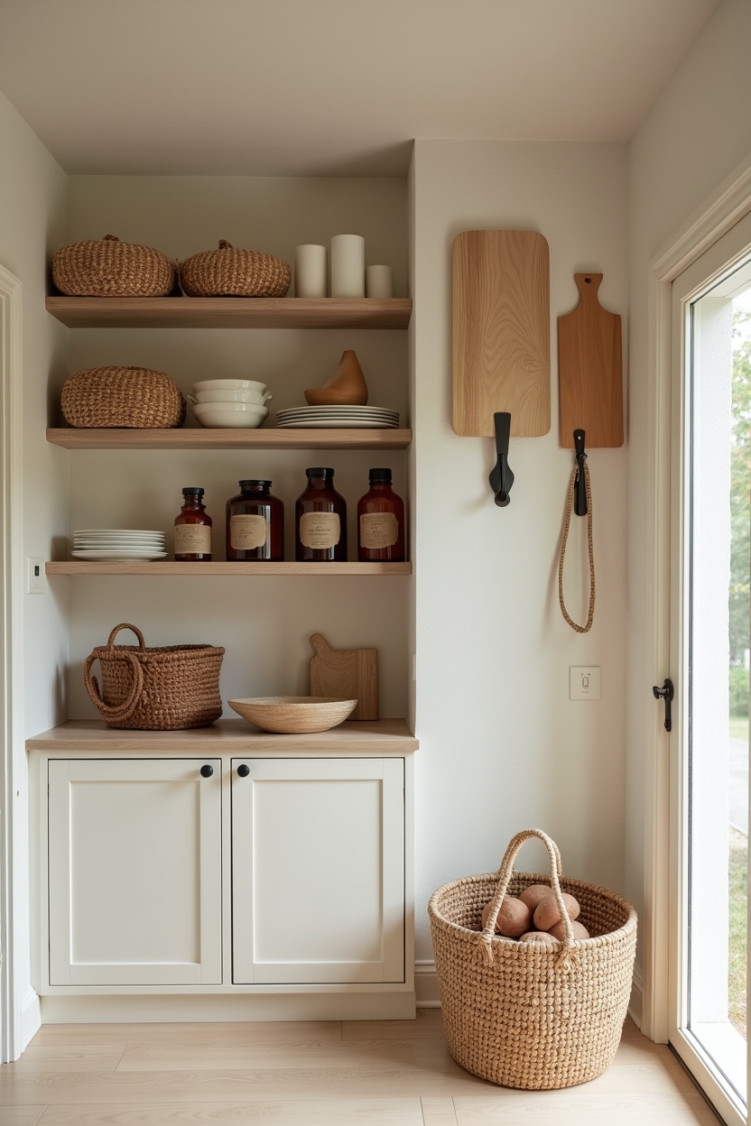 limewash luxury pantry ideas — painted rattan shelf with amber apothecary jars featuring rattan open shelving