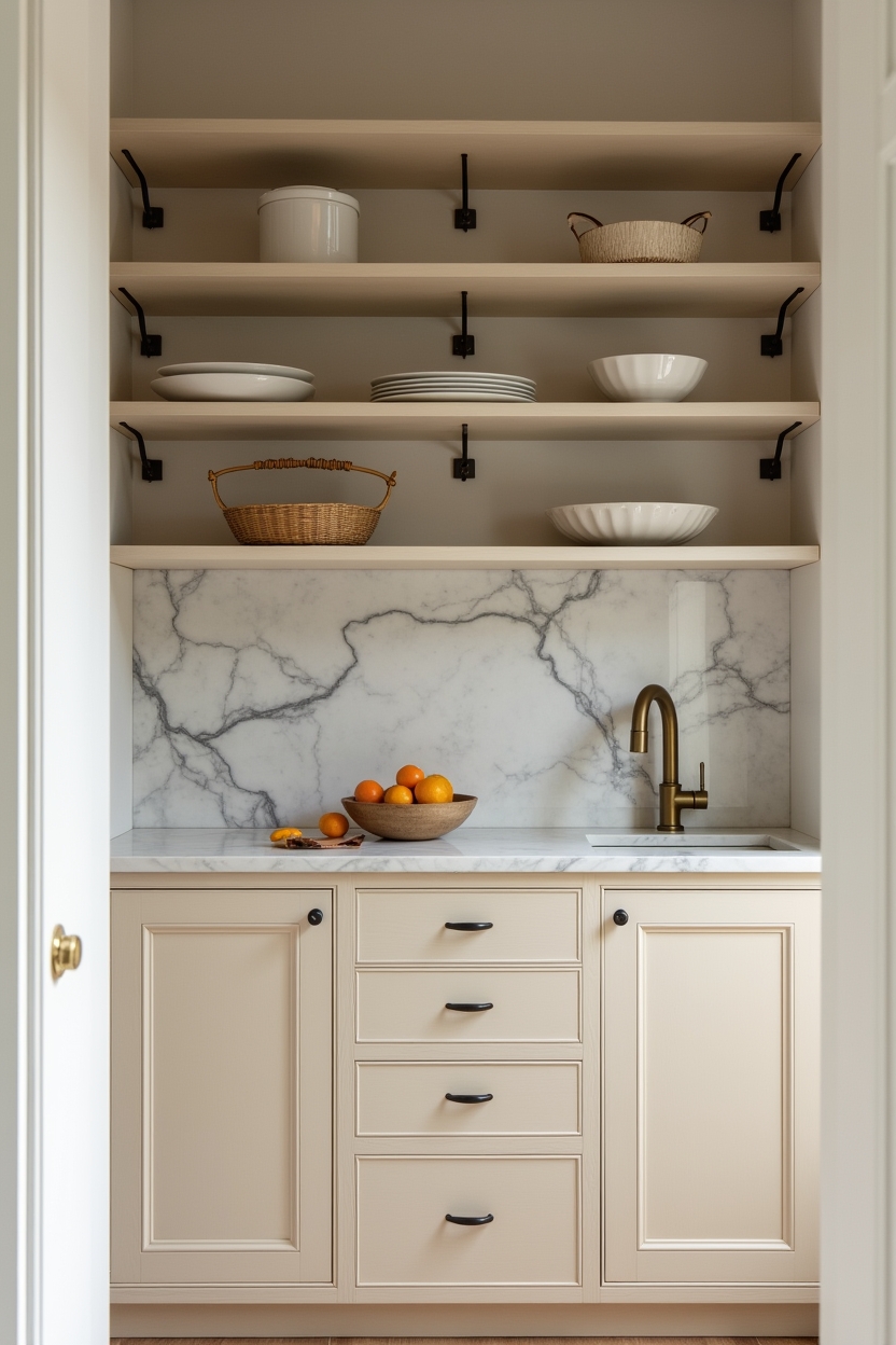 limewash luxury pantry ideas — marble prep nook with brass fixture featuring two-tone cabinetry with marble nook