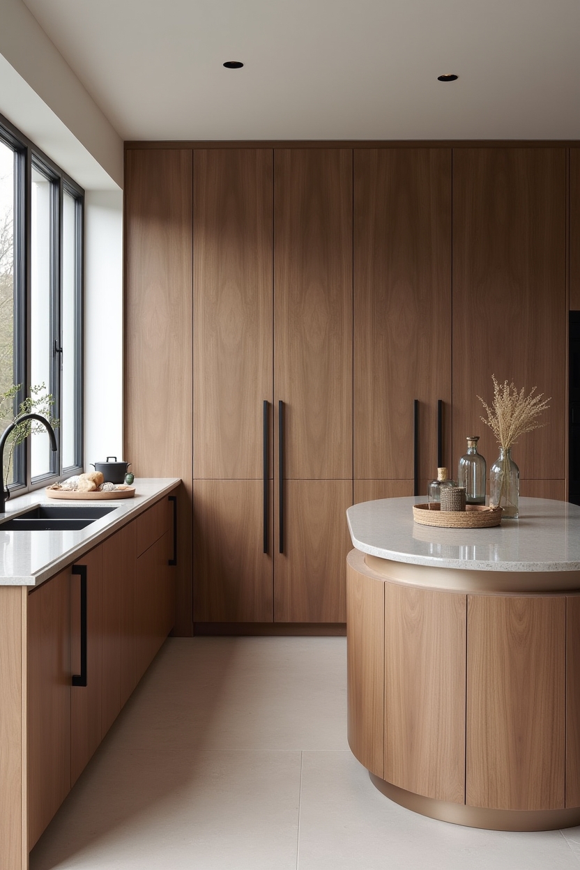 rounded handleless walnut island home decor