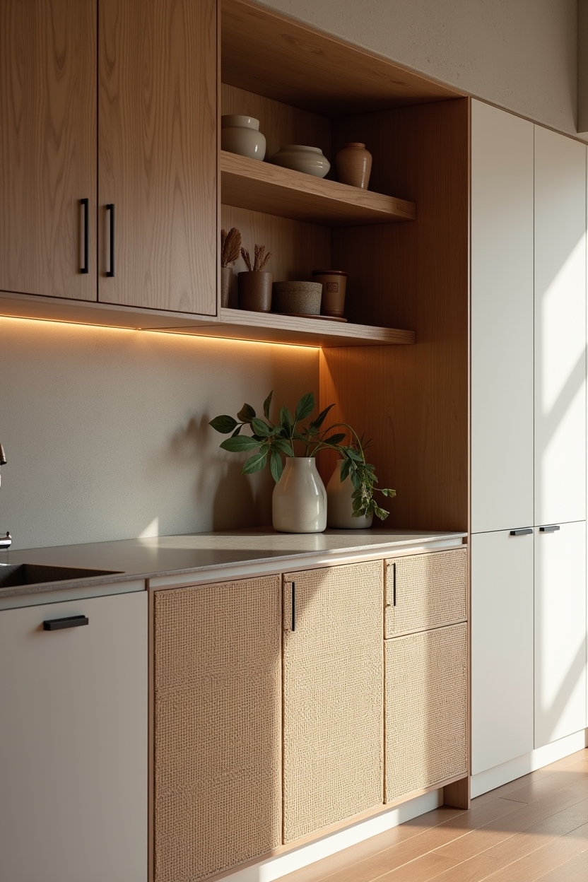 shallow open-shelf nook with charred cedar interior home decor