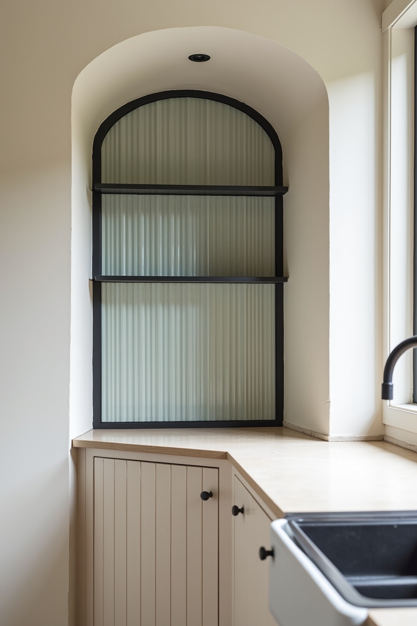 ribbed glass shelf inserts framed in blackened steel beside arch sink niche home decor