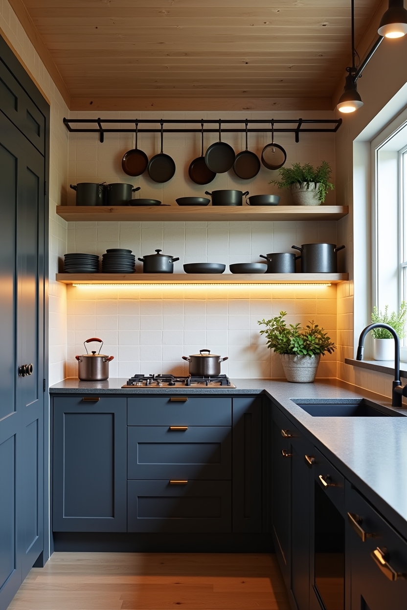 ceiling-mounted brushed bronze pot rail at varied heights above prep zone home decor