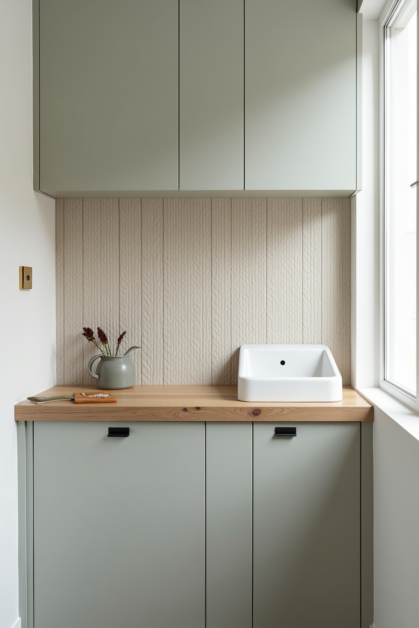 ceramic laundry room folding station ideas — artisan-pattern ceramic backsplash featuring patterned ceramic tile backsplash