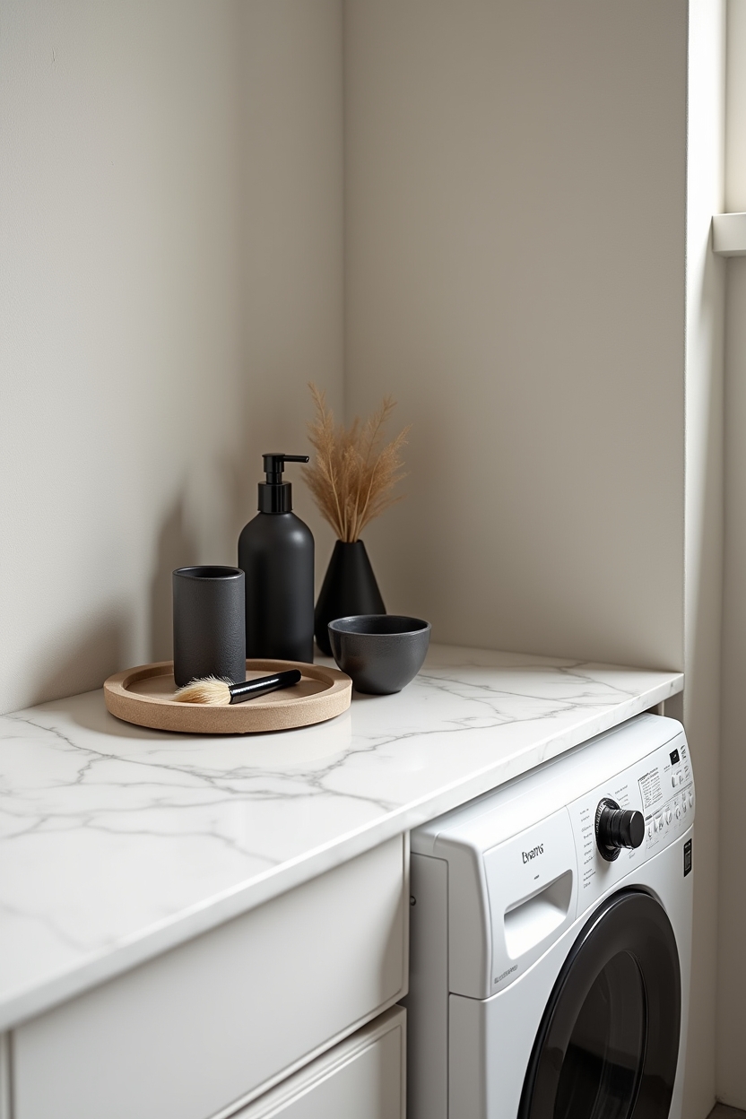 ceramic laundry room folding station ideas — clustered matte ceramic soap dispenser featuring monochrome ceramic vignette