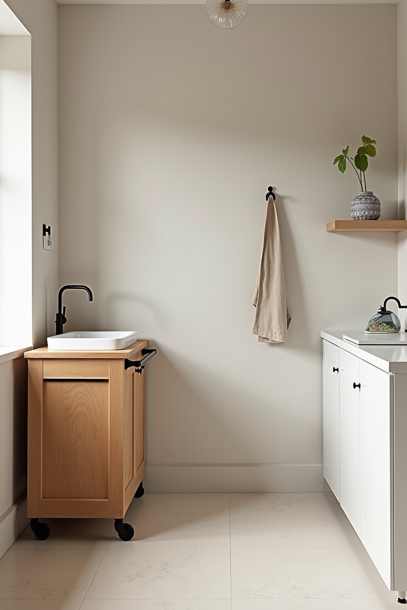 designer laundry room countertop ideas — movable butcher block island with visible grain and enamel basin featuring island_trend