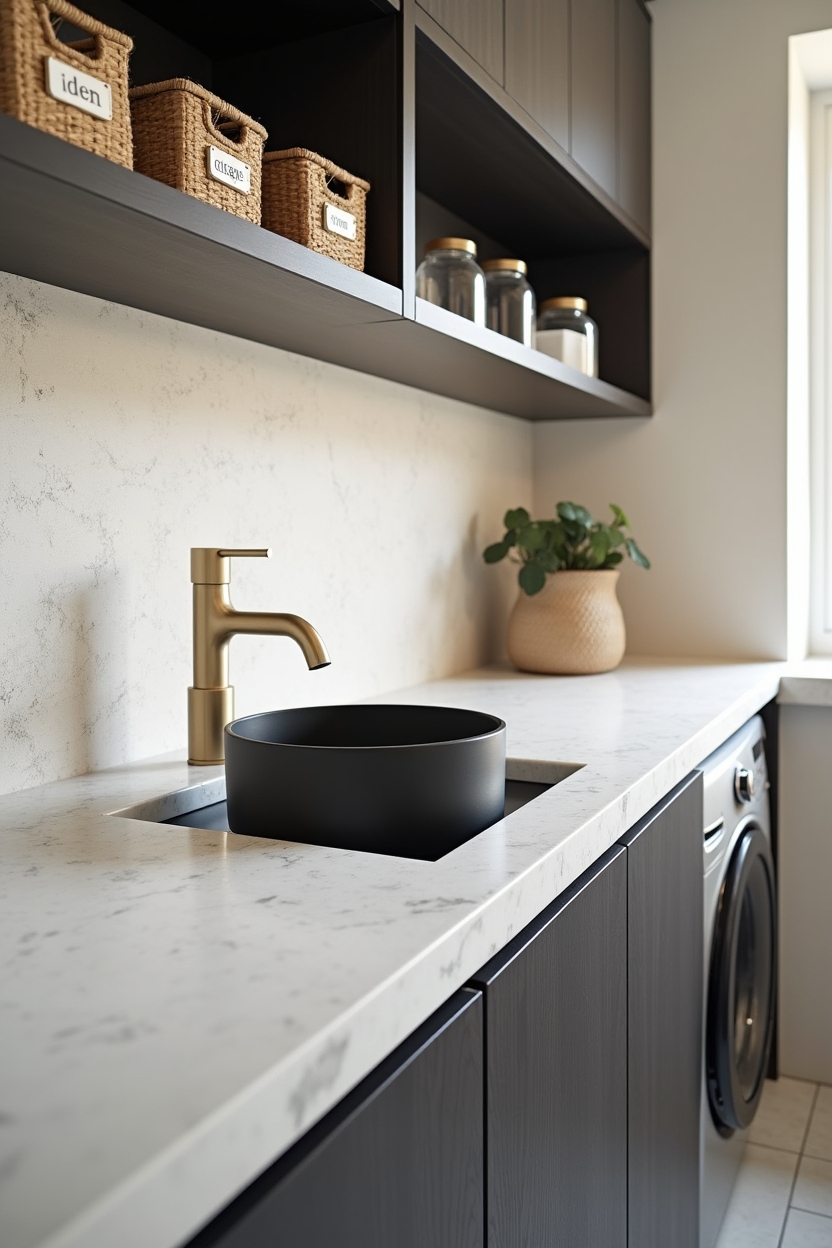 designer laundry room countertop ideas — matte terrazzo slab countertop featuring material_accent