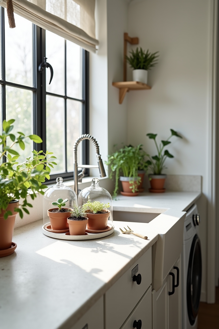 designer laundry room countertop ideas — porcelain-topped countertop greenhouse vignette featuring styling_trend