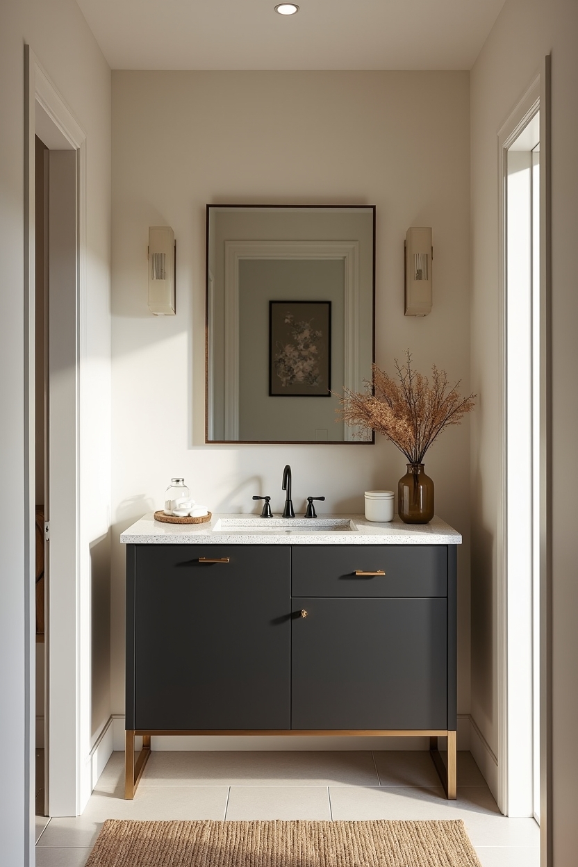 mixed metal foyer decor — slim terrazzo console table with brushed steel legs and brass apron featuring material_accent