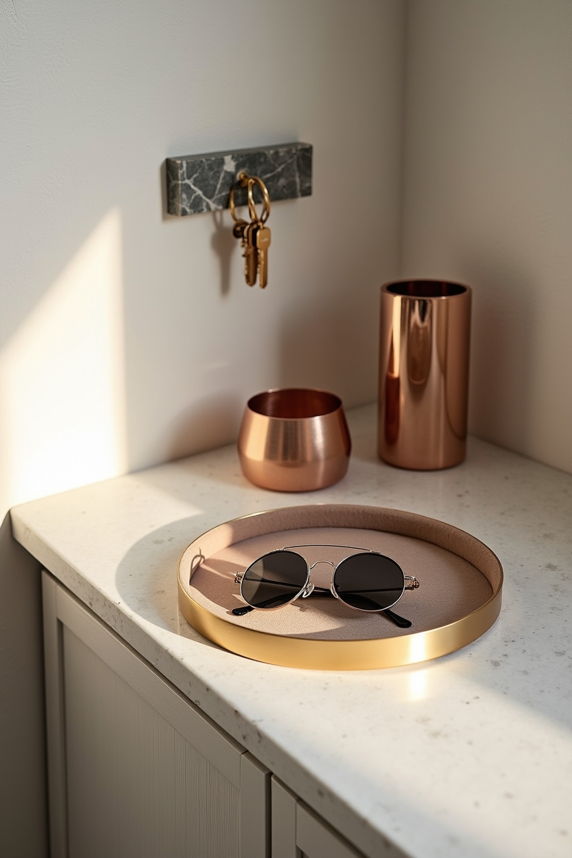 mixed metal foyer decor — velvet-lined brass-rimmed catch tray featuring styling_trend