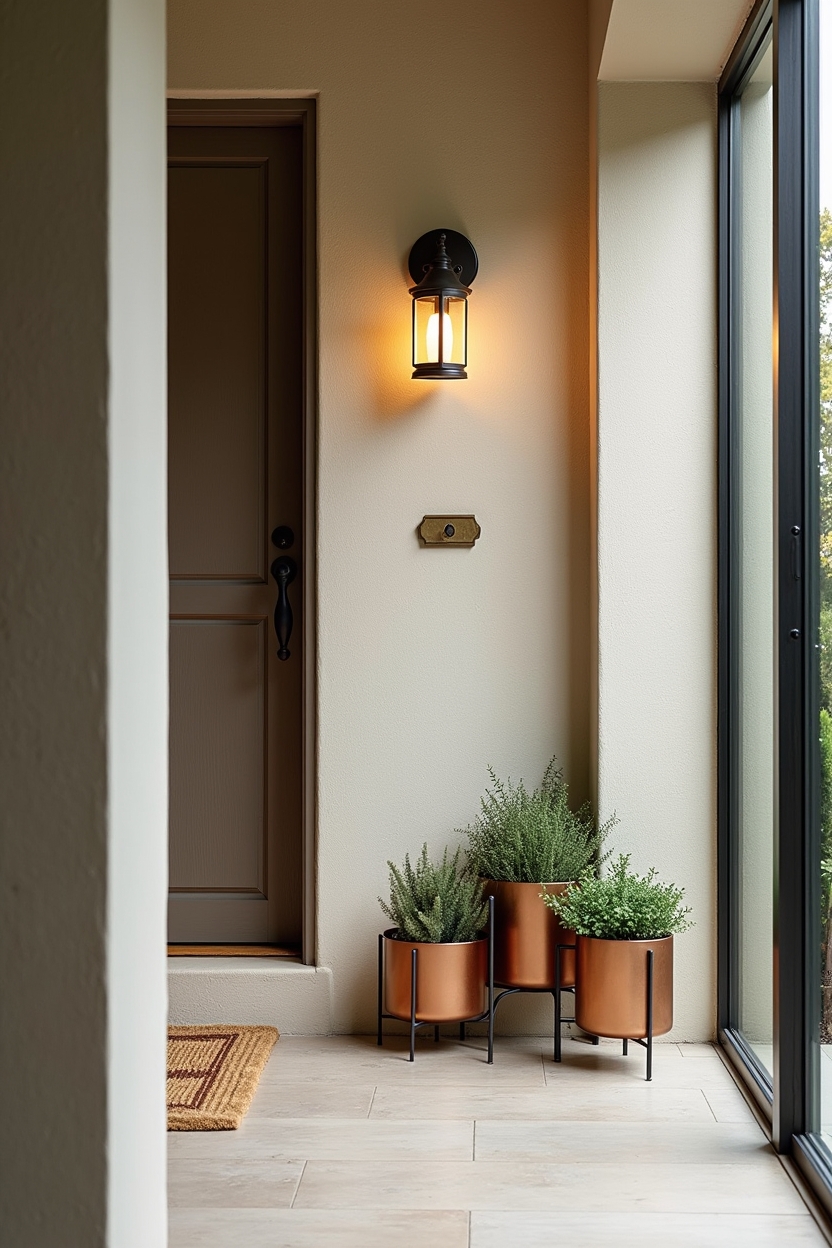 mixed metal foyer decor — brass-accented lantern placed by the doorstep featuring fixture_trend