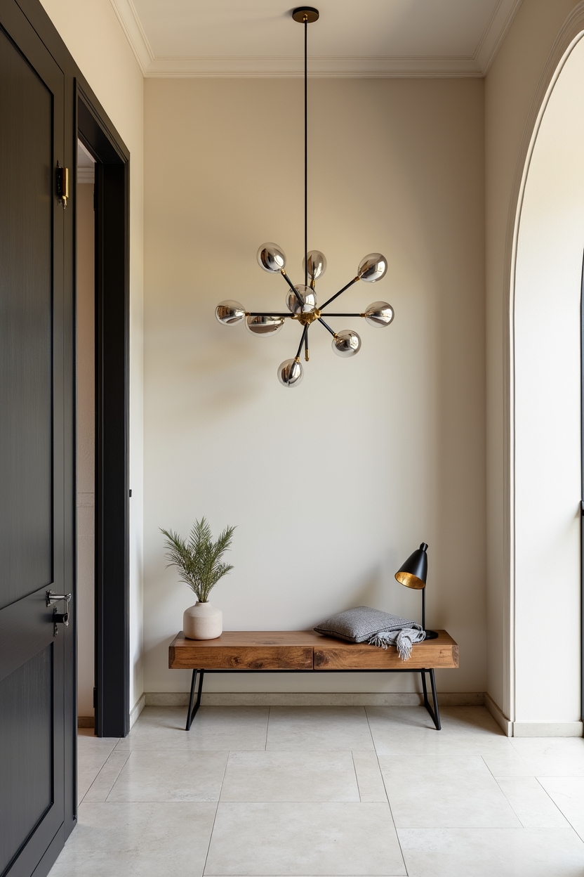 mixed metal foyer decor — sculptural pendant mixing polished chrome arms and brass accents featuring lighting_trend