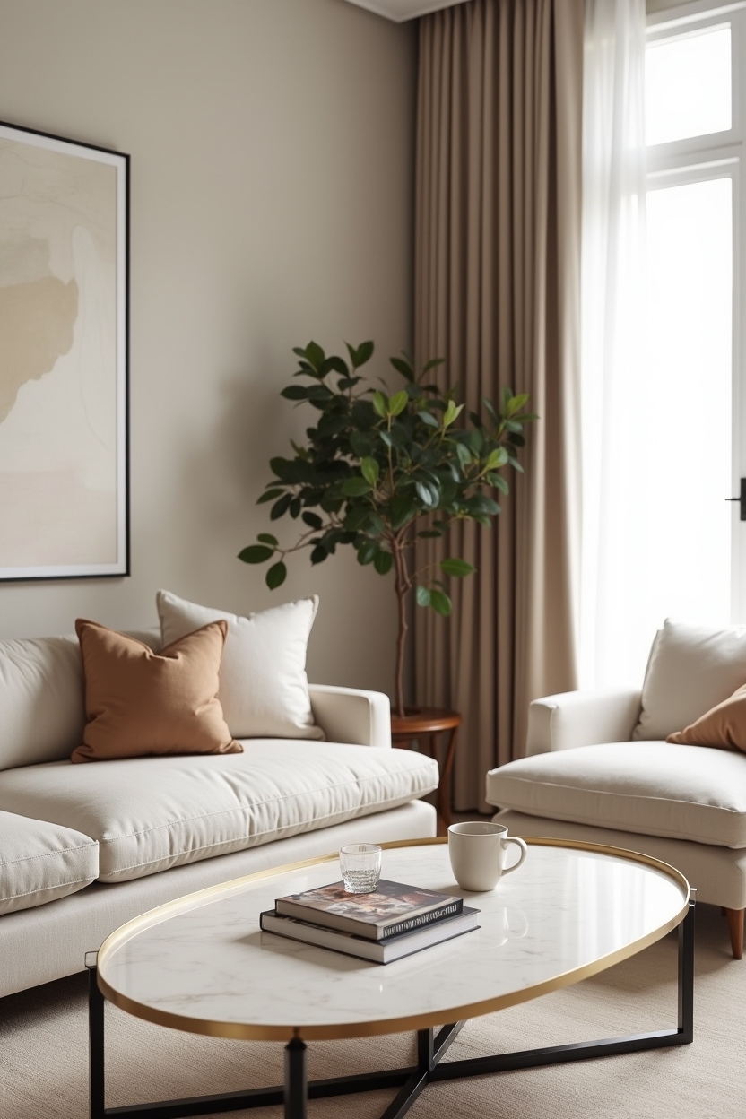 quiet luxury living room color palette — oval oyster-shell marble table featuring oval oyster-shell marble coffee table with slim brass rim