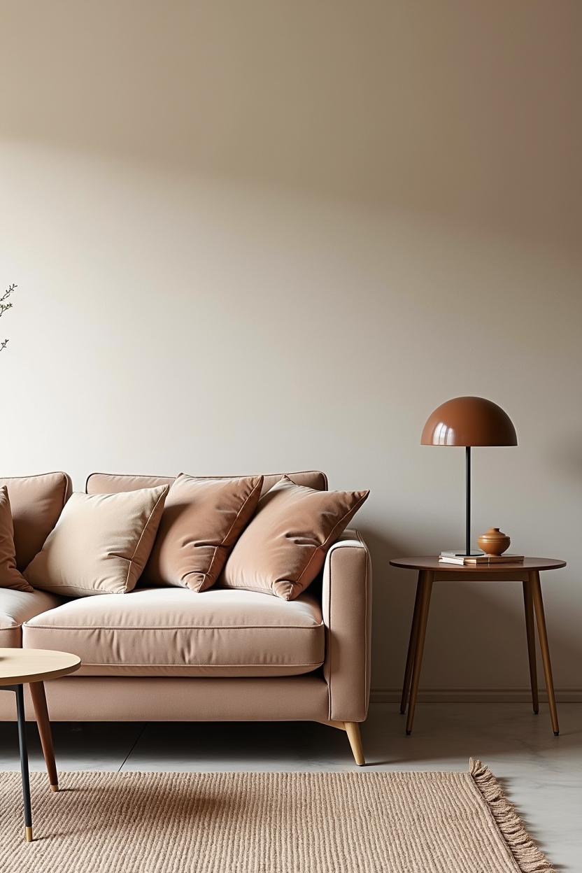 quiet luxury living room color palette — mushroom velvet sofa featuring dove-plaster walls