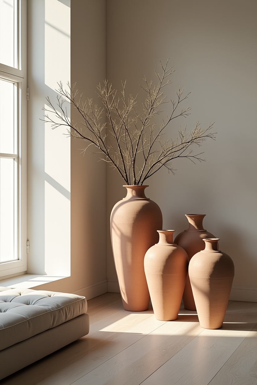 quiet luxury living room color palette — tall aged clay urn with olive stems featuring grouped aged clay urns (trio)