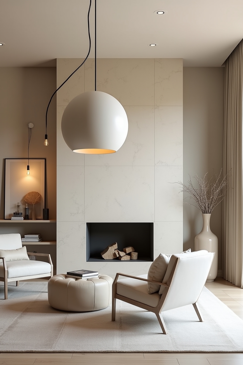 quiet luxury living room color palette — matte-bone pendant light featuring oversized sculptural matte-bone pendant