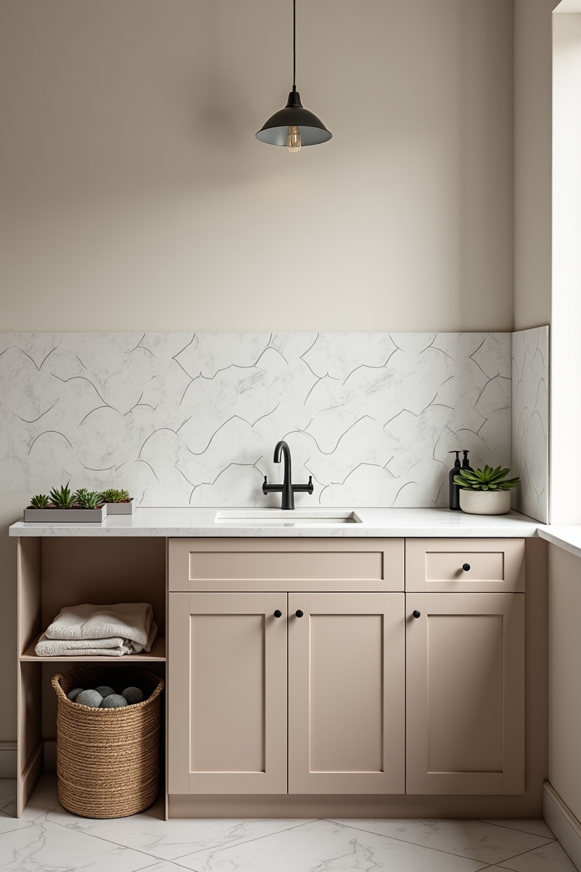 warm white laundry room countertop ideas — porcelain sink with exposed rim featuring scalloped marble backsplash